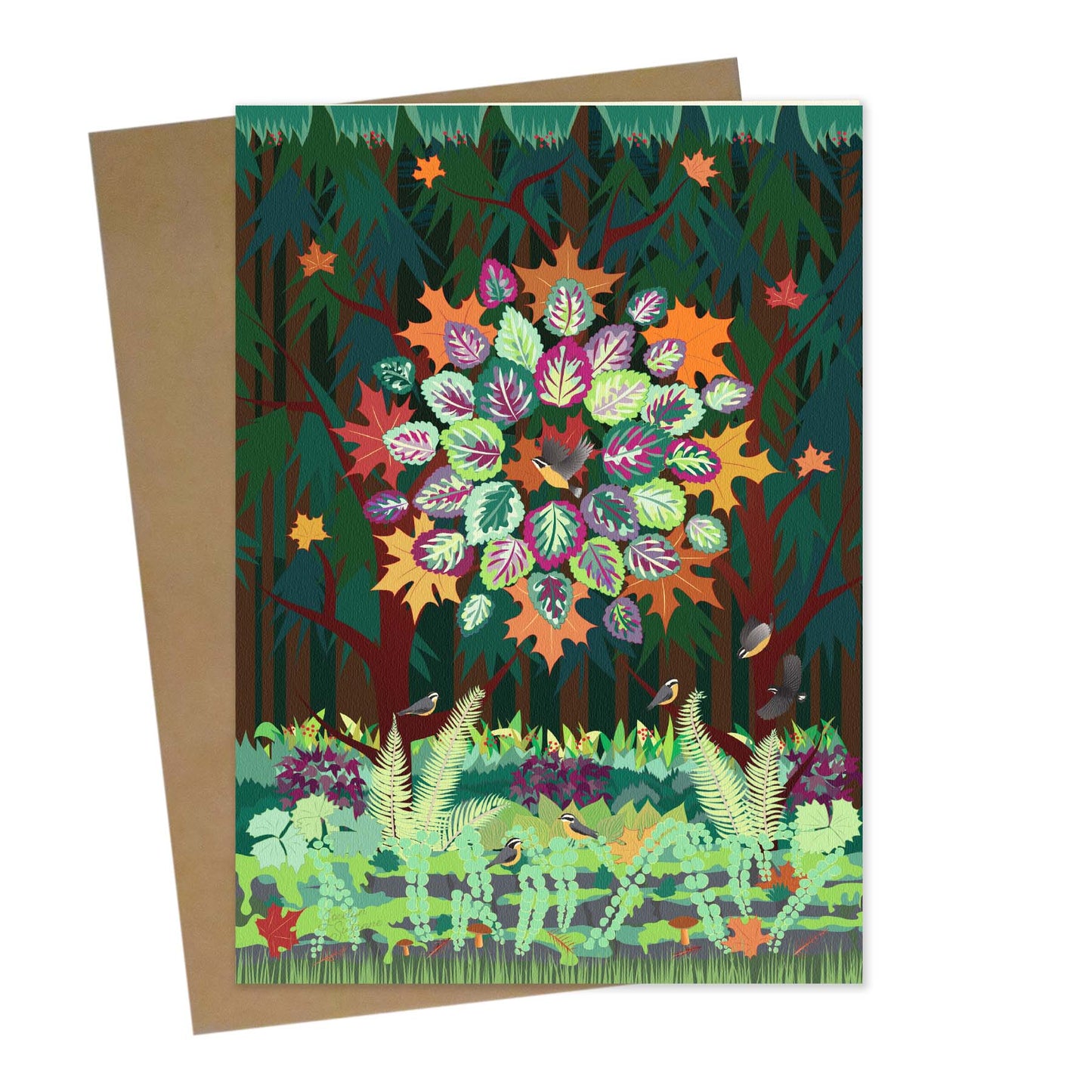 mockup for greeting card with digital design showing fall colors on leaves on a tree and birds feeding beneath the tree
