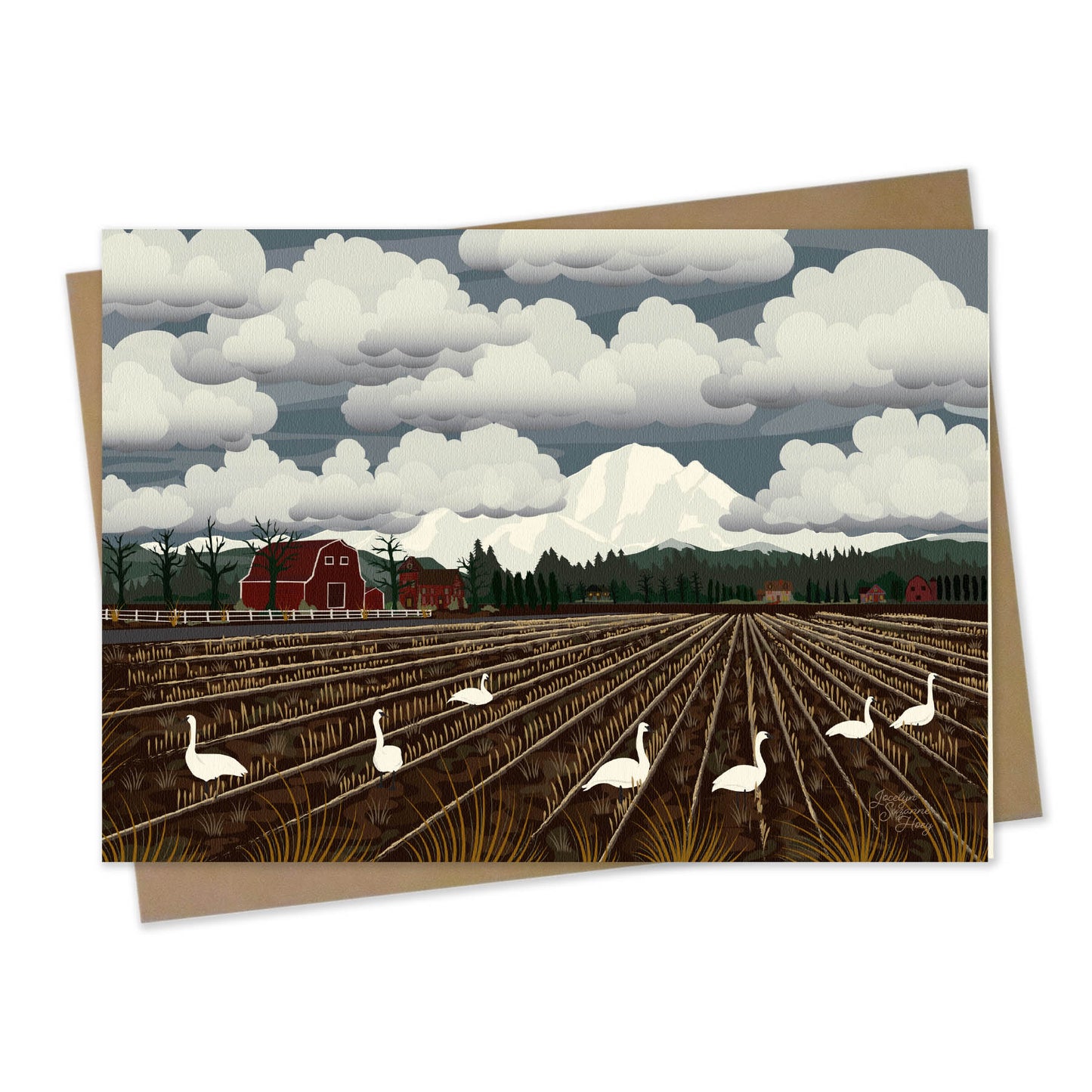 mockup for greeeting card with digital design showing Swans frolic in the mud below Mt Baker with clouds over it as a surprised barn watches