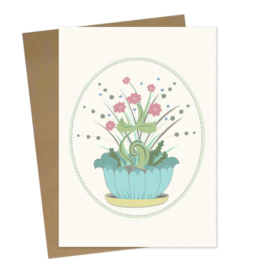 Mockup for greeting card digital design showing illustration of flowers in a flower pot blooming and bursting out of their selves with mother nature’s ecstatic energy of Spring