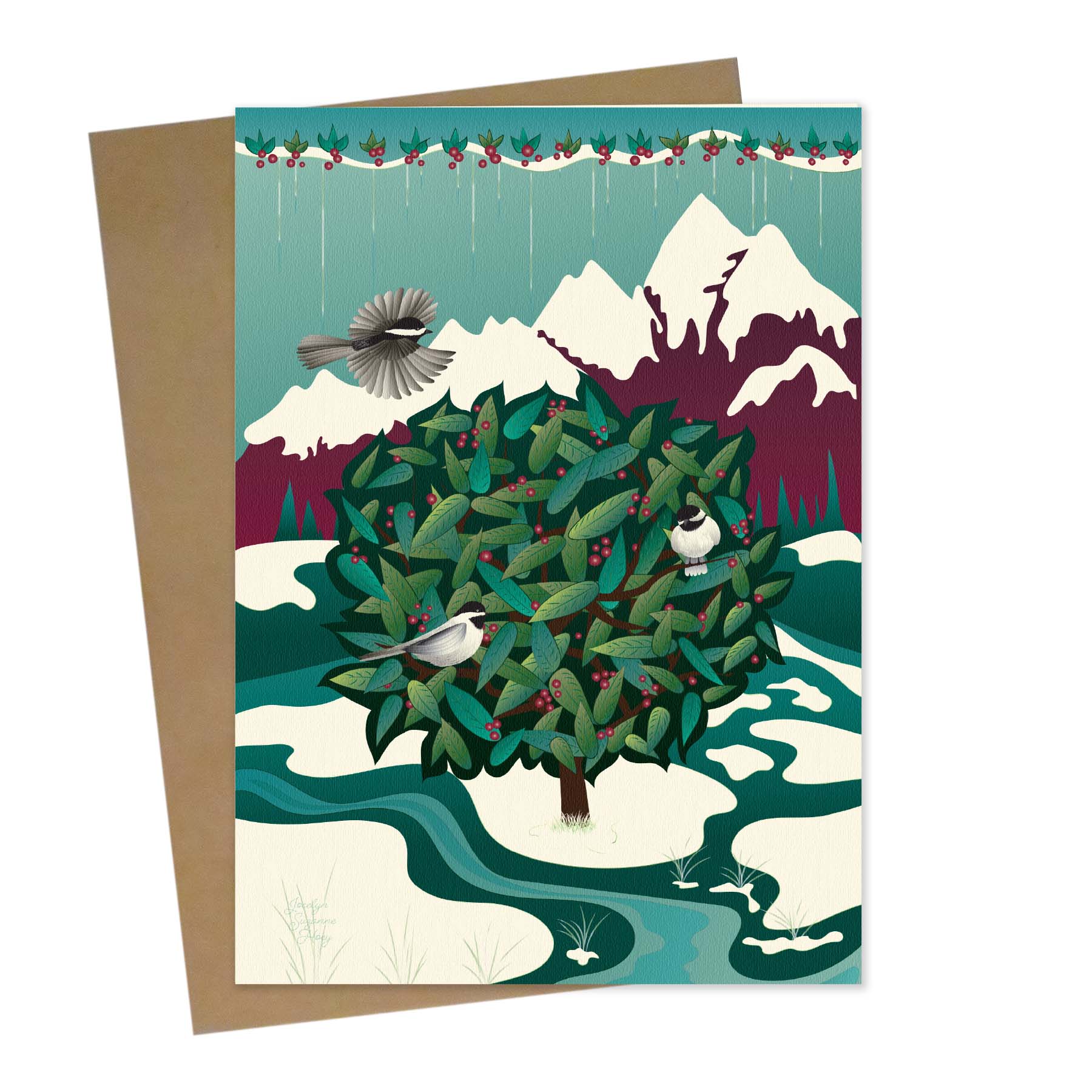 Mockup for greeting card showing winter birds relaxing eating berries in a tree, in front of a mountain scene