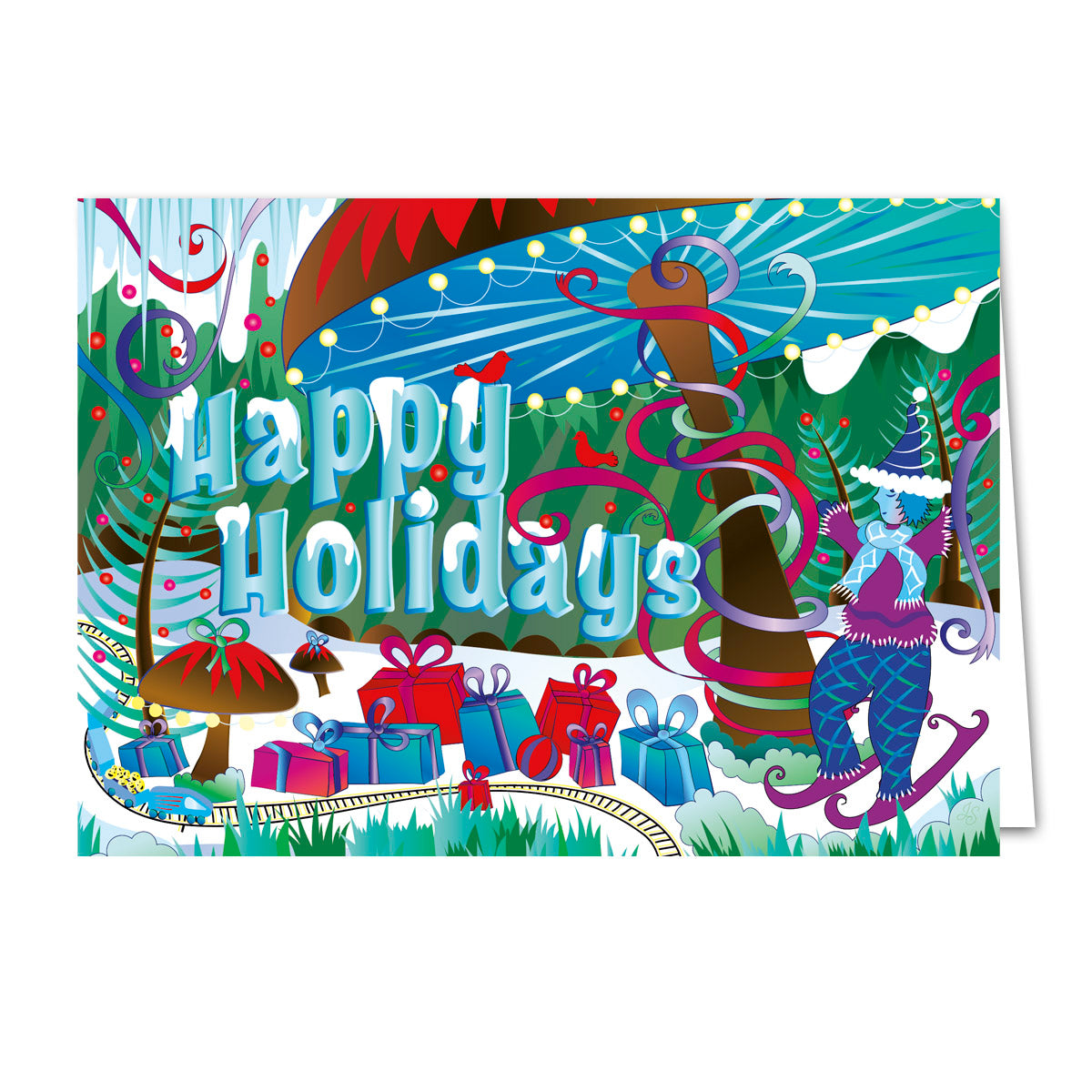mockup for greeting card with digital design showing A happy elf celebrates the season with gifts of magic and the phrase "Happy Holidays"