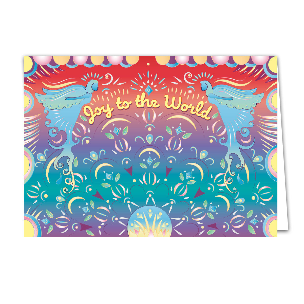 Mockup for greeting card digital design showing an imaginary illustration with designs and two angelic figures flying around the phrase “Joy to the World”