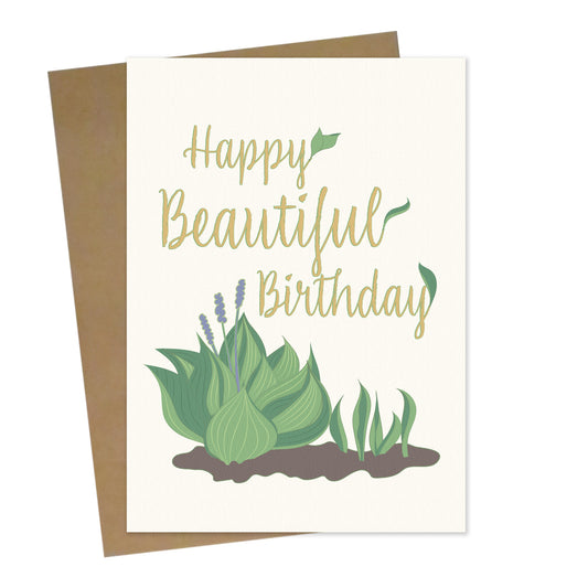 Mockup for greeting card digital design showing illustration of flowers in the earth just bursting through the spring dirt with a message above reading "Happy Beautiful Birthday"