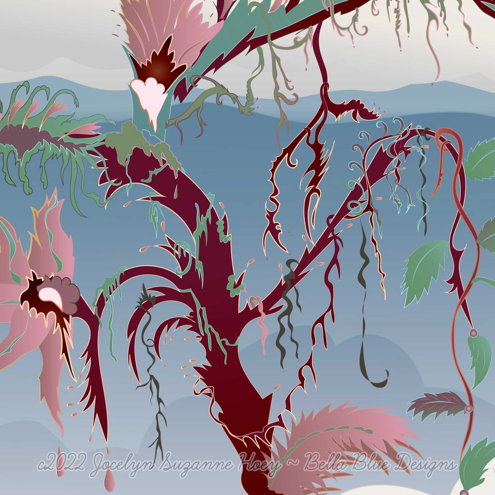 closeup from the digital design illustration of the hummingbird queen, showing trees and their branches