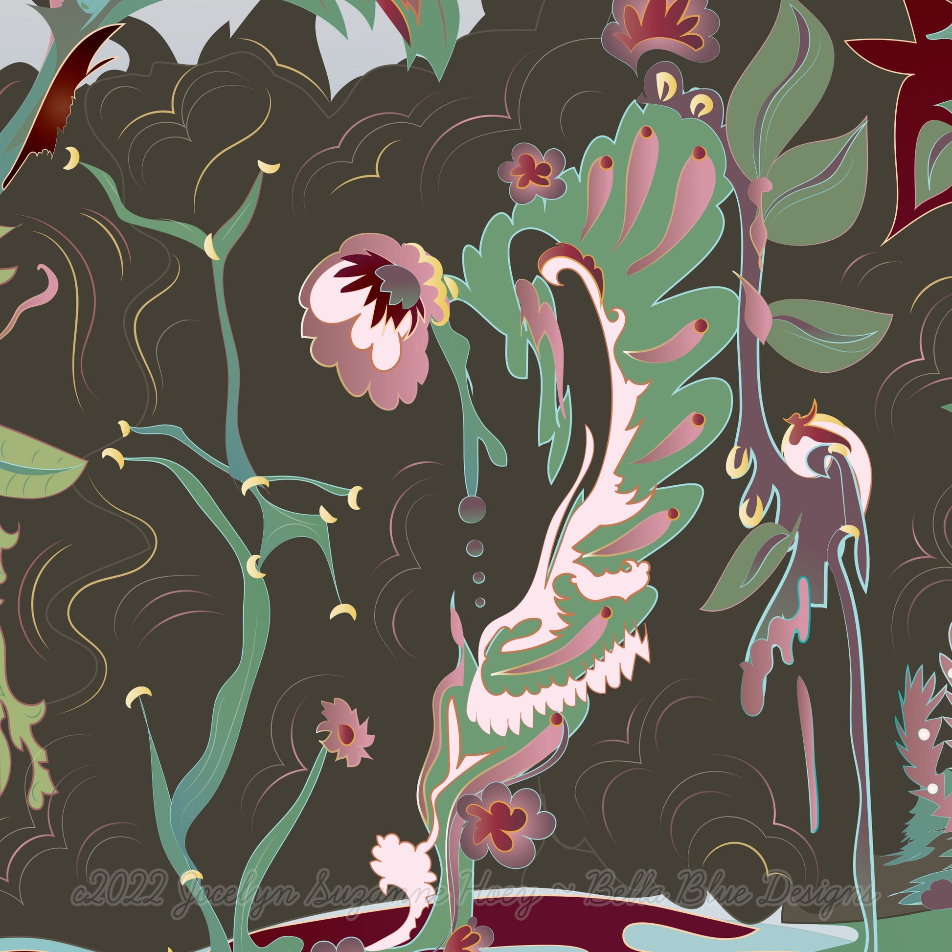 closeup from the digital design illustration of the hummingbird queen, showing flowers and leaves