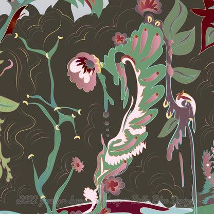 closeup from the digital design illustration of the hummingbird queen, showing flowers and leaves