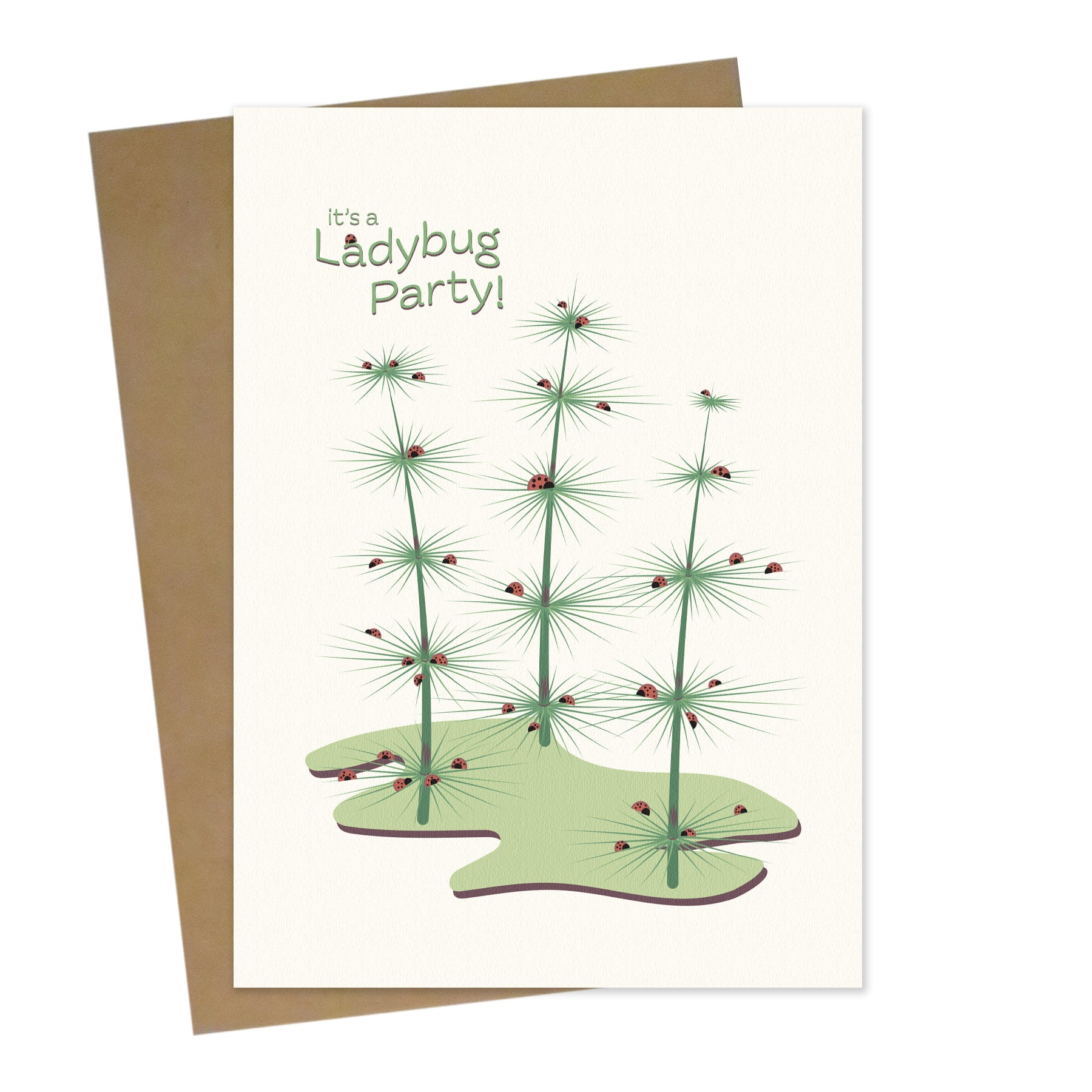 Mockup for greeting card digital design showing 3 fern plants hosting a ladybug party 