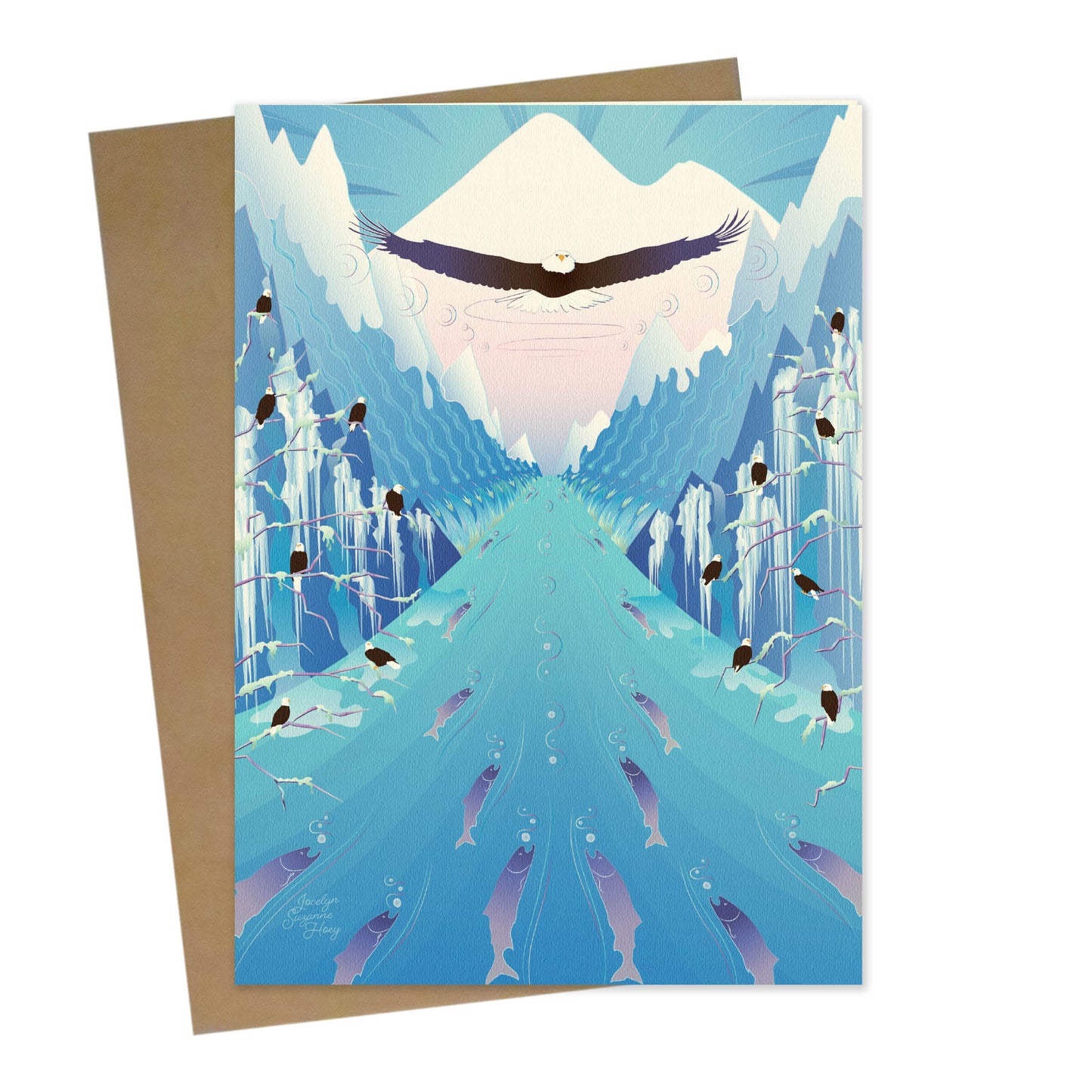 Mockup for greeting card digital design showing salmon swimming upstream, while eagles roost in the trees in an imaginary scene with one eagle flying in front of a mountain with snowy peaks