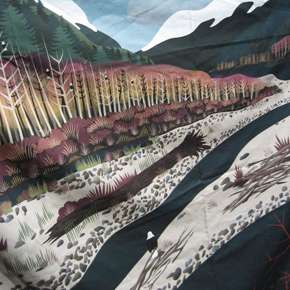 closeup tapestry with digital design showing North Fork of the Nooksack River with an eagle on a sandbar and several other eagles lurking in the trees