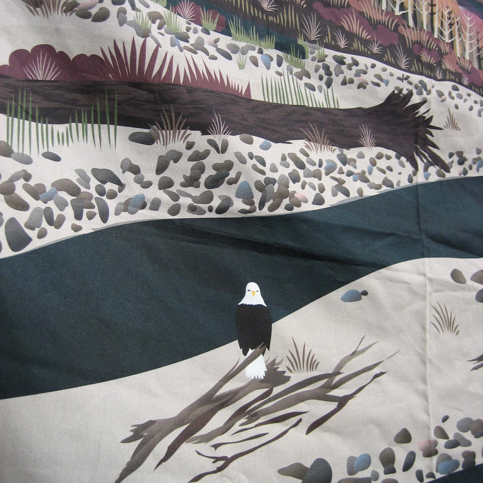 closeup tapestry with digital design showing North Fork of the Nooksack River with an eagle 