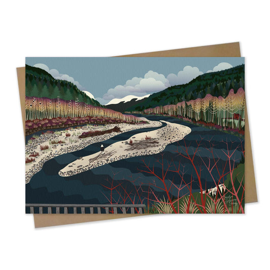 mockup for greeting card with digital design showing North Fork of the Nooksack River with a sandbar and many eagles relaxing in the trees after salmon dinner