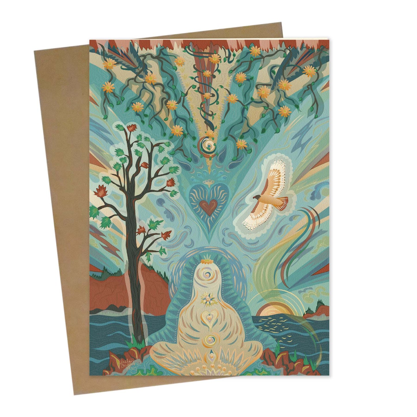 mockup for greeting card with digital design showing an imaginary illustration of a person in buddha pose beneath a tree and a flowery design in the sky