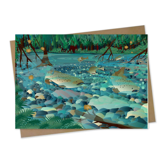 Mockup for greeting card digital design showing Salmon underwater in a creek with surrounding trees and green plants, as well as the rocky bottom seen through the water 