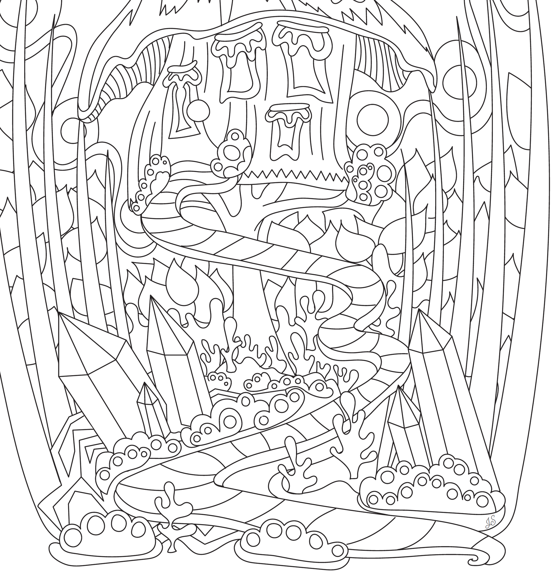 digital design for coloring book for downloading which shows crstals growing from a path in an imaginary forest scene for coloring