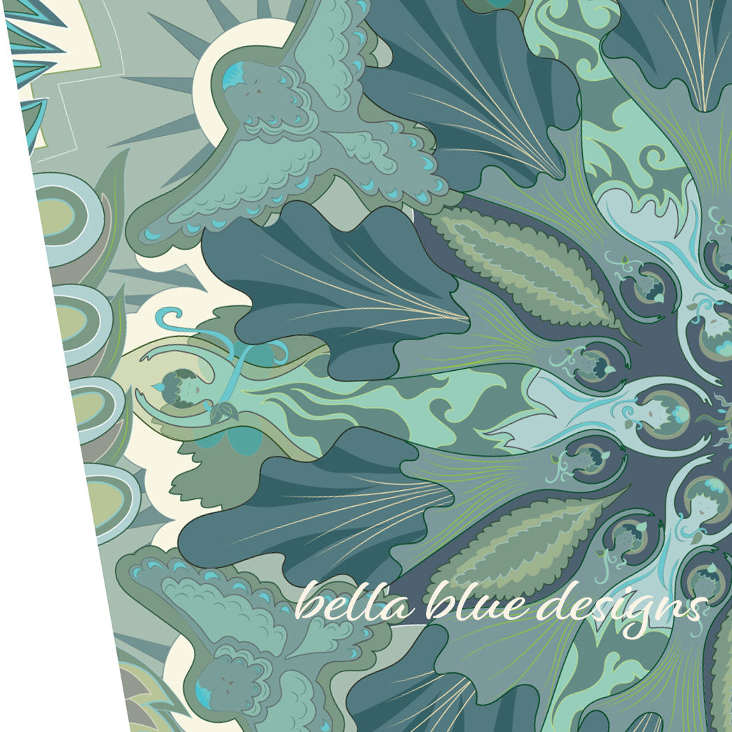 Mockup for a greeting card with detail of original digital design showing an imagined illustration in a mandala form showing angelic figures dancing and the hummingbird singers keep the dancers dancing amongst imagined leaves and shapes which repeat in patterns around the circular pattern