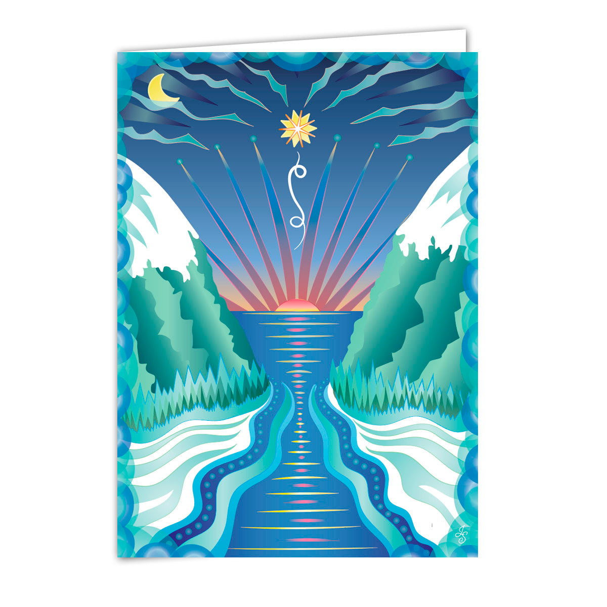 Mockup for greeting card design showing an illustrated sundown over a winter river scene with moon and a guiding star above
