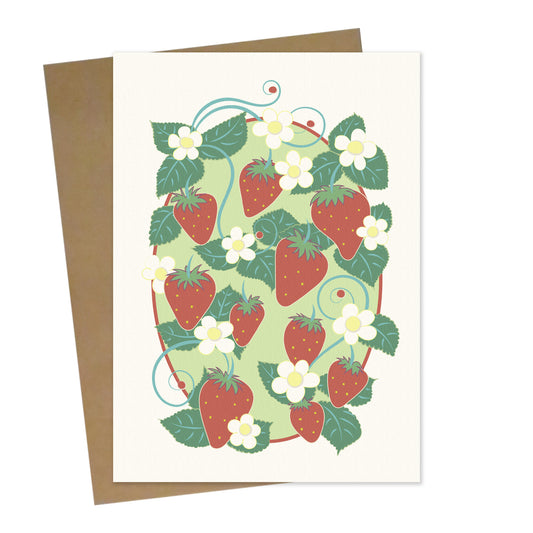 Mockup for greeting card digital design showing strawberries and flowers on the strawberry vine looking ripe for the picking