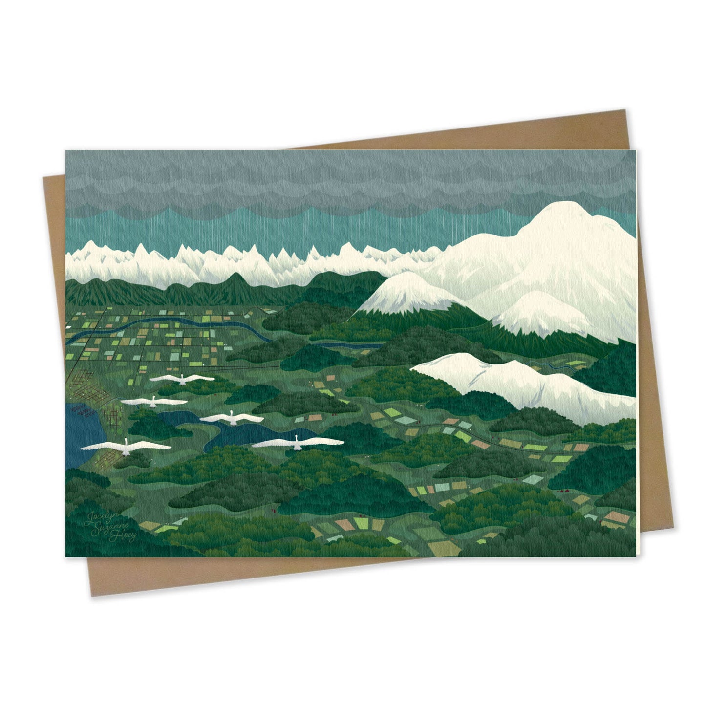 Mockup for greeting card digital design showing five swans flying towards Canadian mountains above the farm fields in Washington state leading to the border, all beneath clouds pouring down rain on a dark day 