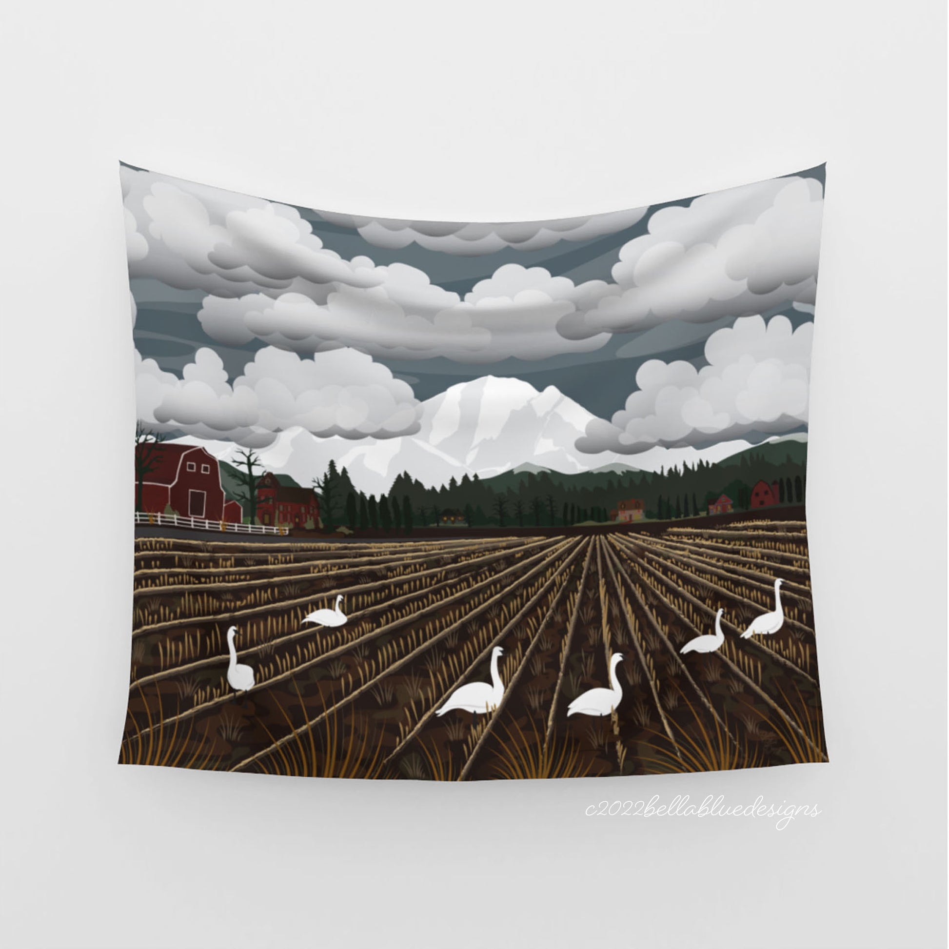 mockup for tapestry with digital design showing Swans frolic in the mud below Mt Baker with clouds over it as a surprised barn watches