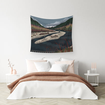 mockup for tapestry with digital design showing North Fork of the Nooksack River with a sandbar and many eagles relaxing in the trees after salmon dinner hanging above a bed with many, many pillows