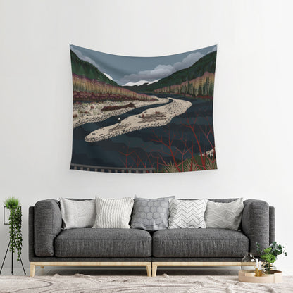 mockup for tapestry with digital design showing North Fork of the Nooksack River with a sandbar and many eagles relaxing in the trees after salmon dinner hanging above a living room couch with five fluffed pillows