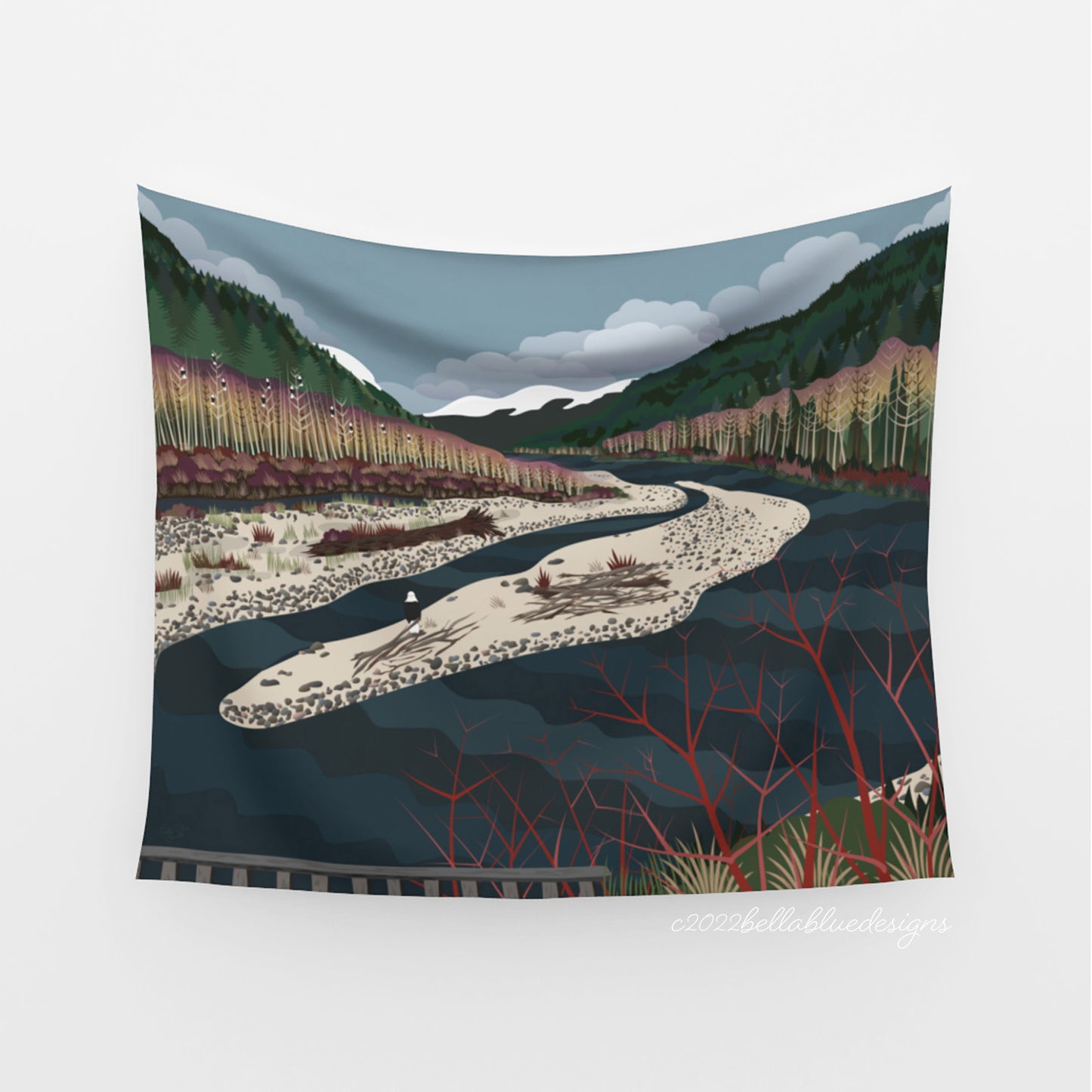 mockup for tapestry with digital design showing North Fork of the Nooksack River with a sandbar and many eagles relaxing in the trees after salmon dinner