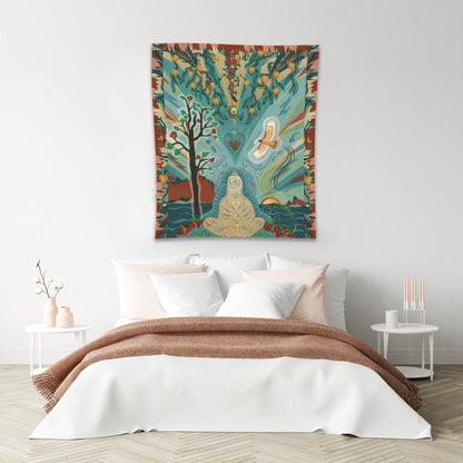 mockup for tapestry with digital design showing an imaginary illustration of a person in buddha pose beneath a tree and a design in the sky, hanging above a bed smothered in pillows, but only two blankets