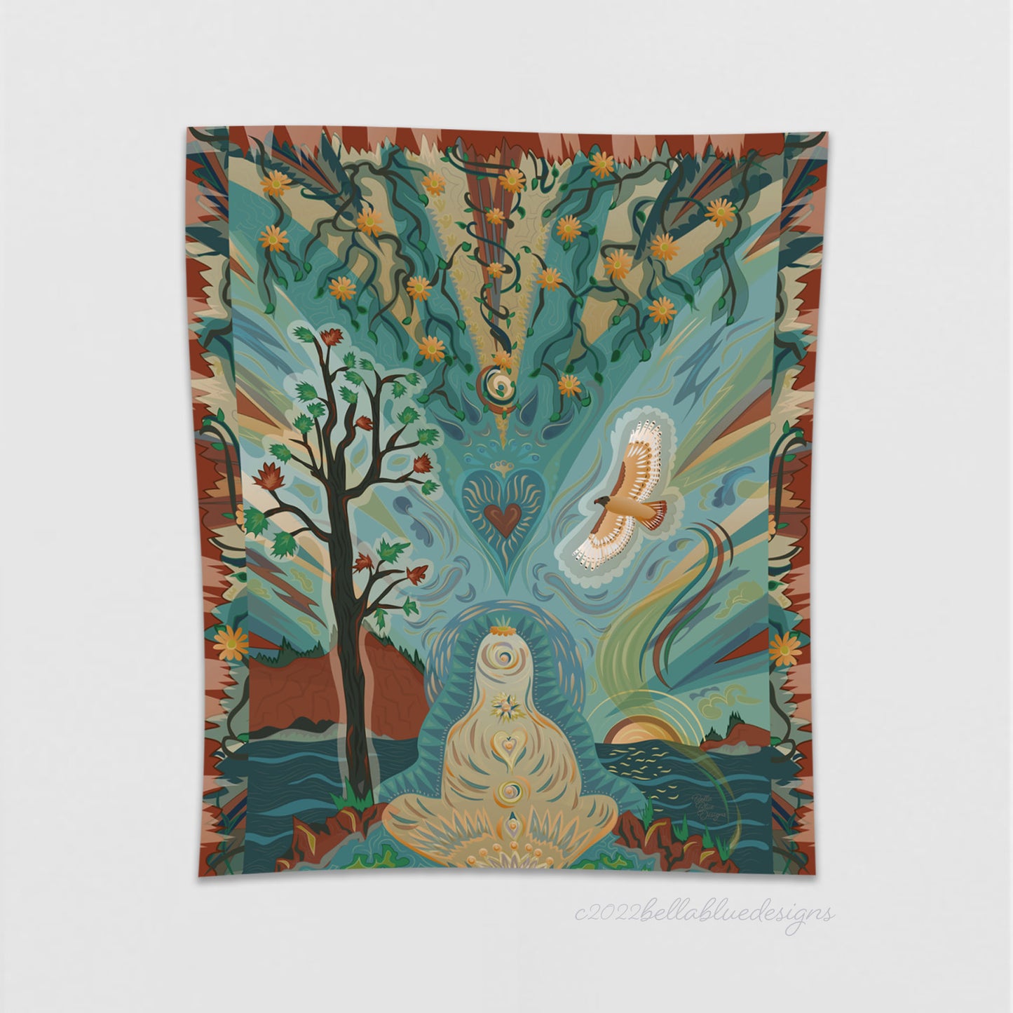 mockup for tapestry with digital design showing an imaginary illustration of a person in buddha pose beneath a tree and a design in the sky