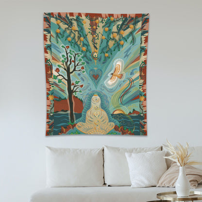 mockup for tapestry with digital design showing an imaginary illustration of a person in buddha pose beneath a tree and a design in the sky, hanging above a living room couch 