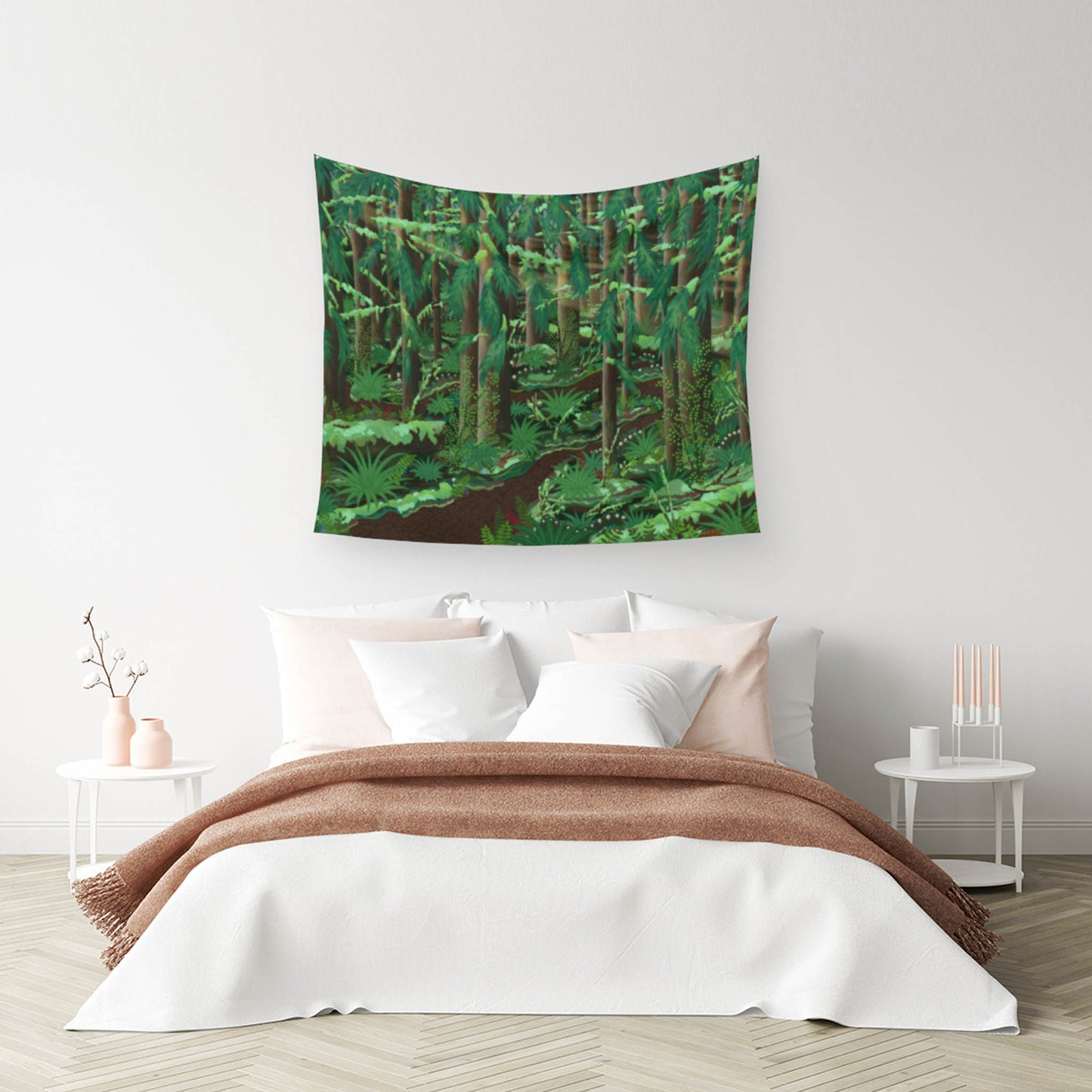 mockup for tapestry on wall with digital design showing a trail in the forest amongst the many trees and their branches branching out as the sun selectively slips through as certain sunbeams above all the mushrooms, ferns, firs and moss hanging above a typical bed with approximately seven pillows but only two blankets