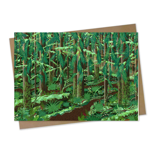 mockup for greeting card with digital design showing a trail in the forest amongst the many trees and their branches branching out as the sun selectively slips through and certain sunbeams blast through above all the mushrooms, ferns, firs and moss