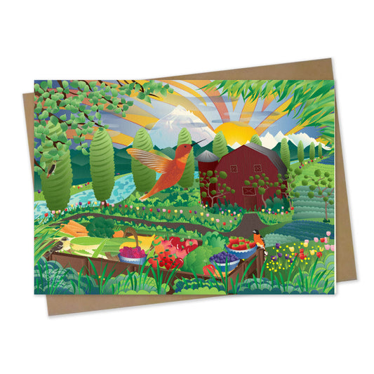 Mockup for greeting card digital design showing an imaginary illustrated scene as a hummingbird flies above a Tulip Farm with a barn and a table with a cornucopia of farm delights laid out as the sun shines bright in Washington state