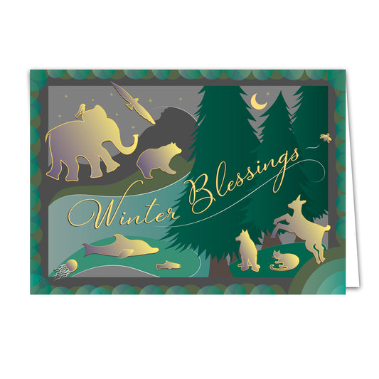Holiday Card on Bamboo Paper - Winter Blessings, 5x7"