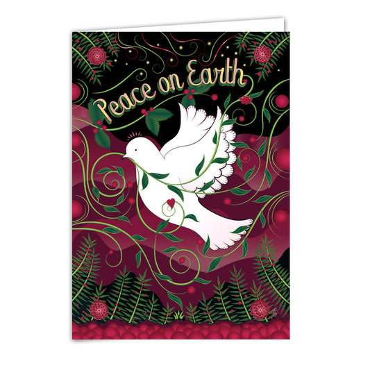 Mockup for greeting card digital design showing an imaginary illustration with a Dove flying over earth's flowers and plants around the phrase “Peace On Earth"