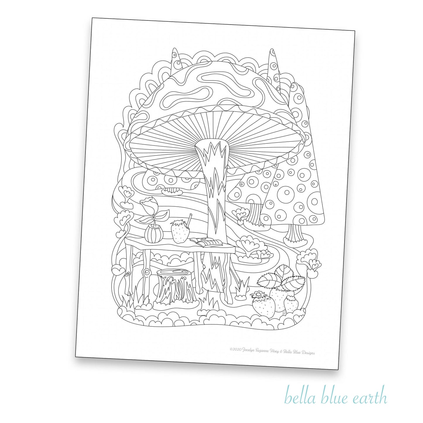 digital design for coloring book for downloading which shows a mushroom in a farm scene for coloring