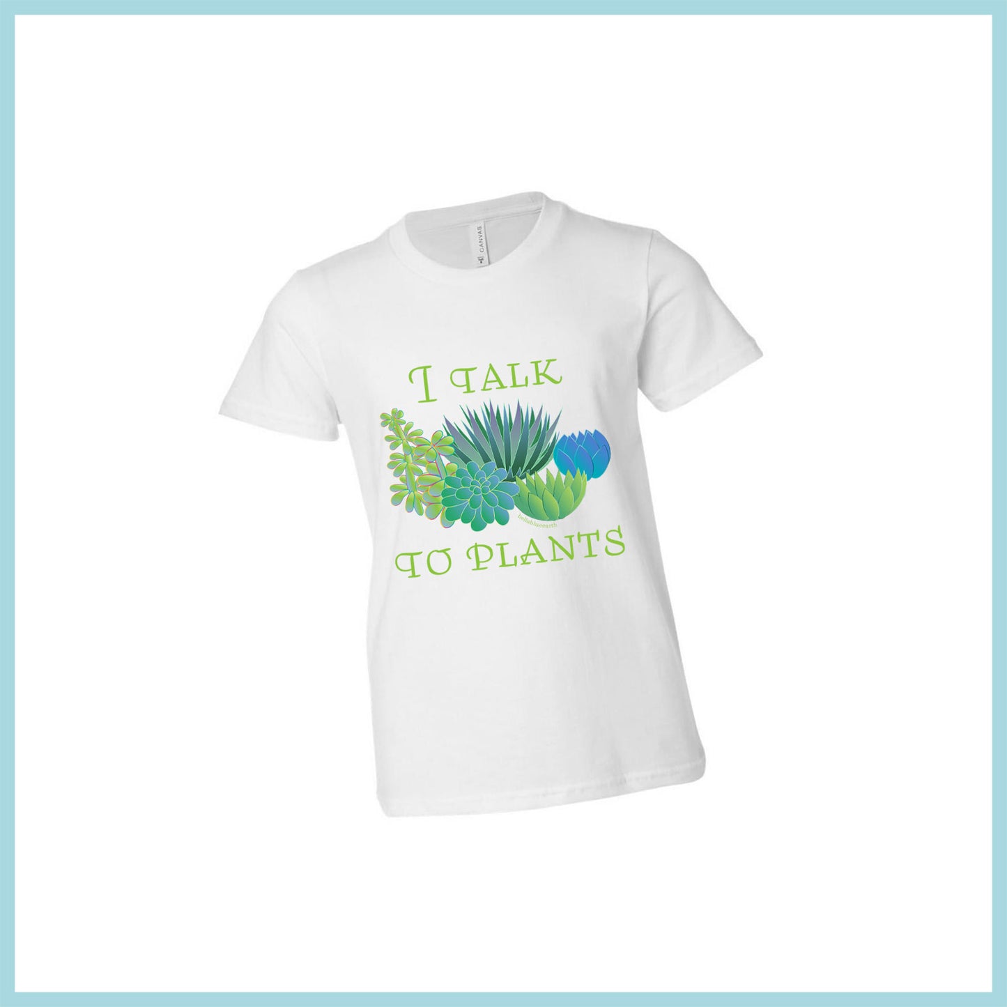 mockup of white tshirt with phrase "I Talk To Plants" and five simply drawn house plants