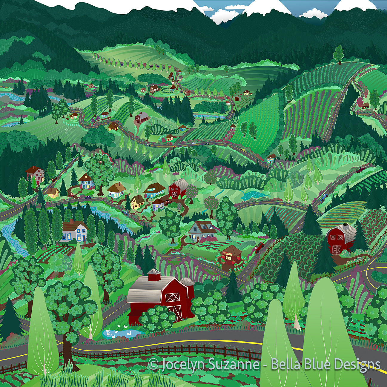 tapestry with digital design showing the way mountain roads and farms roads coincide as the hills roll up and down around farmhouses, surprised barns, fruitful fields and fruit trees all bursting with Mother Nature's many shades of green