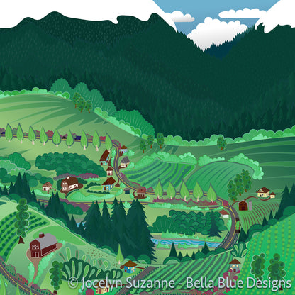 closeup of tapestry with digital design showing the way mountain roads and farms roads coincide as the hills roll up and down around farmhouses, surprised barns, fruitful fields and fruit trees all bursting with Mother Nature's many shades of green